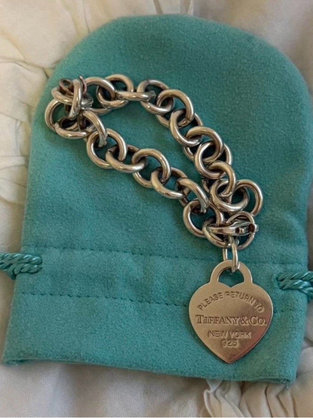Tiffany & Co. Sterling Silver Heart Tag Link Bracelet in Blue Pouch